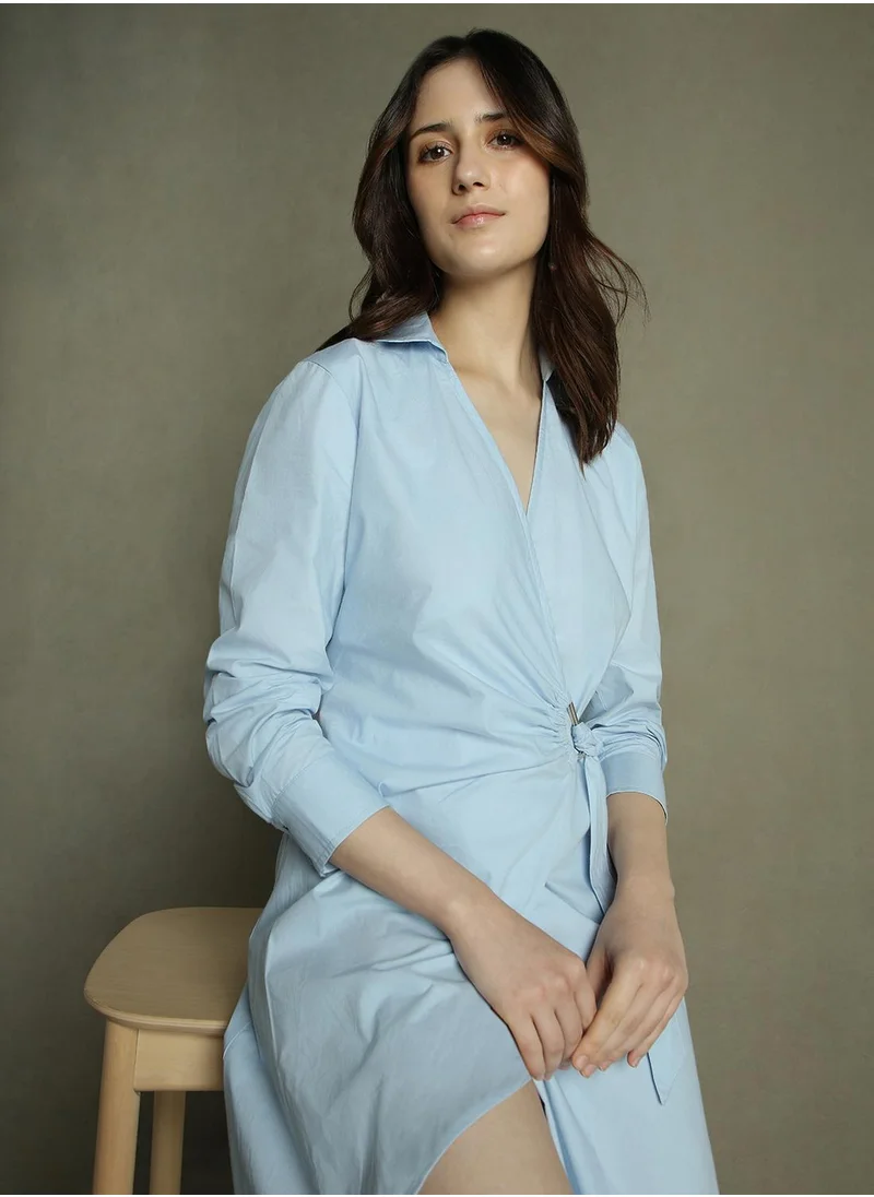 دينيس لينغو Women's Powder Blue 100% Cotton Solid Regular Fit Dress