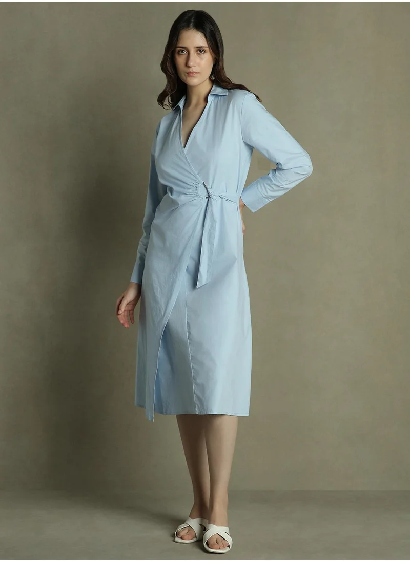 دينيس لينغو Women's Powder Blue 100% Cotton Solid Regular Fit Dress