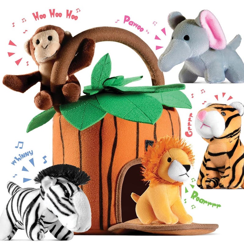 Play22 6-Piece Plush Talking Jungle Animals Set with Carrier for Kids, Babies & Toddlers - Elephant, Tiger, Lion, Zebra, Monkey - Image 1
