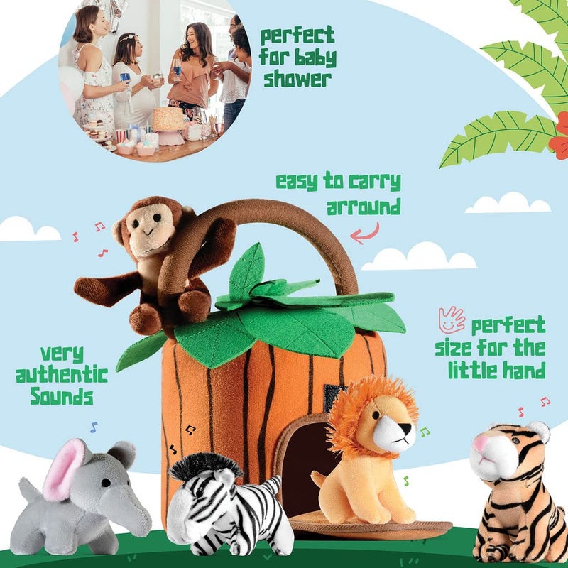 Play22 6-Piece Plush Talking Jungle Animals Set with Carrier for Kids, Babies & Toddlers - Elephant, Tiger, Lion, Zebra, Monkey - Image 2