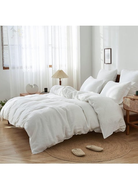 Simple&Opulence 100% Linen Duvet Cover Set with Washed-French Flax-3 Pieces Solid Color Basic Style Bedding Set-Breathable Soft Comforter Cover with 2 Pillowshams(King,White)