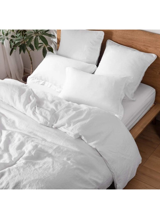 Simple&Opulence 100% Linen Duvet Cover Set with Washed-French Flax-3 Pieces Solid Color Basic Style Bedding Set-Breathable Soft Comforter Cover with 2 Pillowshams(King,White)