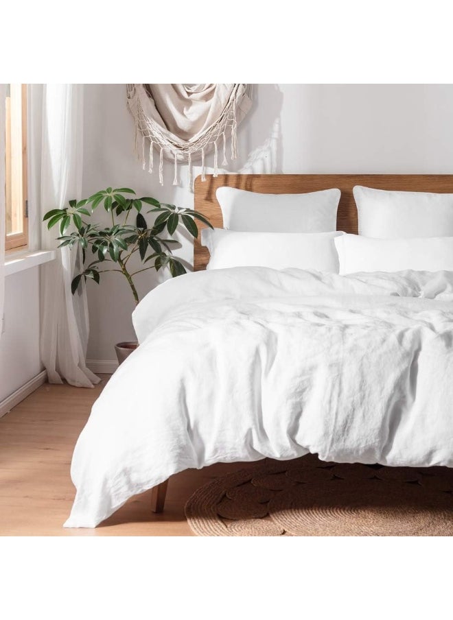 Simple&Opulence 100% Linen Duvet Cover Set with Washed-French Flax-3 Pieces Solid Color Basic Style Bedding Set-Breathable Soft Comforter Cover with 2 Pillowshams(King,White)