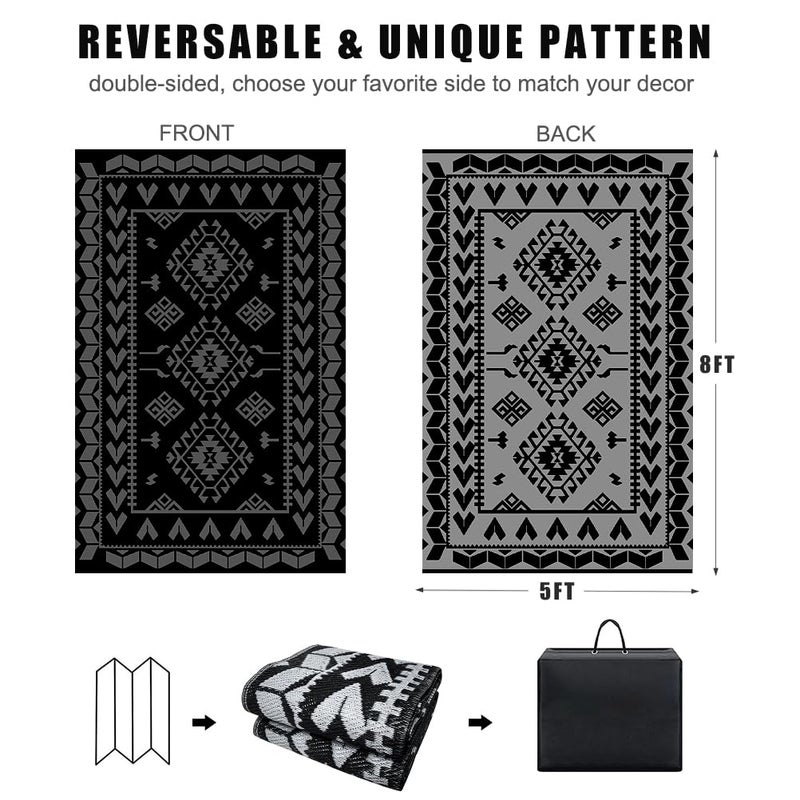 Pendolr Outdoor Rugs for Patio Clearance - 5'x8' Waterproof Reversible Indoor Outdoor Rug Carpet, Portable Plastic Straw Rug for RV Camping, Picnic, Beach, Porch, Deck(Rug004#,Black&Gray) - Image 2
