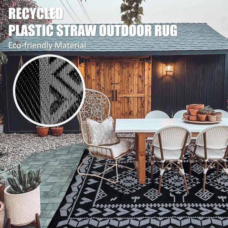 Pendolr Outdoor Rugs for Patio Clearance - 5'x8' Waterproof Reversible Indoor Outdoor Rug Carpet, Portable Plastic Straw Rug for RV Camping, Picnic, Beach, Porch, Deck(Rug004#,Black&Gray) - Image 4