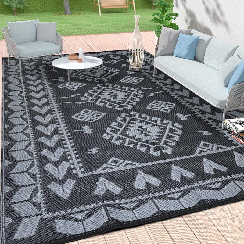 Pendolr Outdoor Rugs for Patio Clearance - 5'x8' Waterproof Reversible Indoor Outdoor Rug Carpet, Portable Plastic Straw Rug for RV Camping, Picnic, Beach, Porch, Deck(Rug004#,Black&Gray) - Image 1
