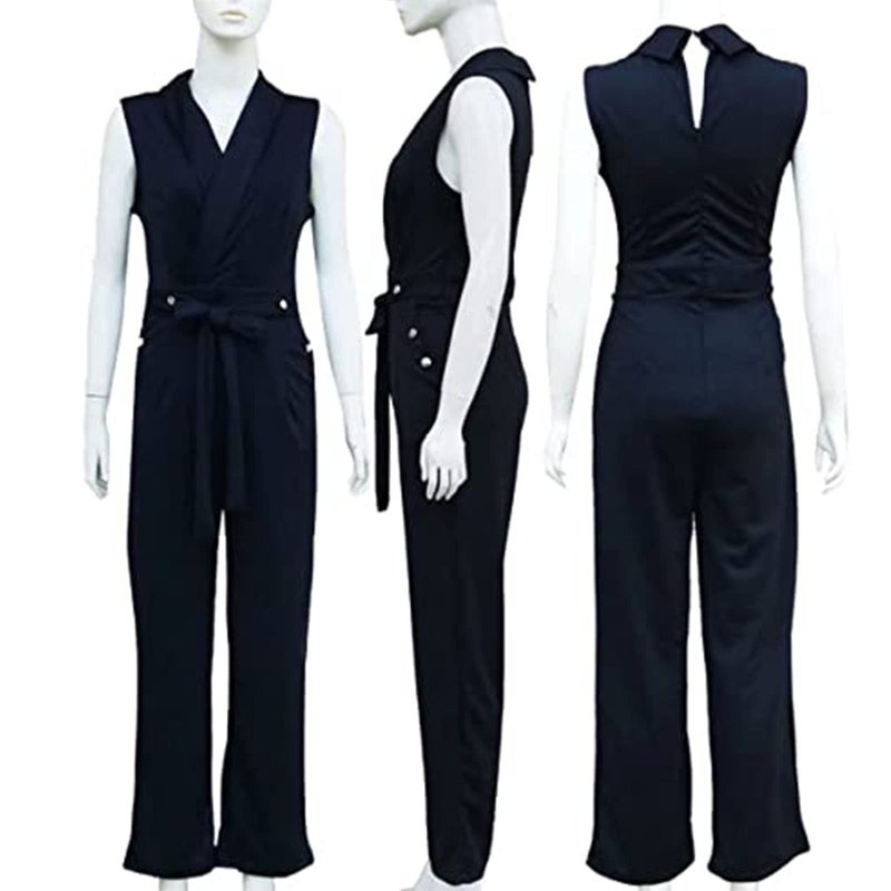 Uni Clau Women's Elegant Jumpsuits V Neck Sleeveless Straight Belted Long Pants Business Suits Set with Pockets Black M - Image 5