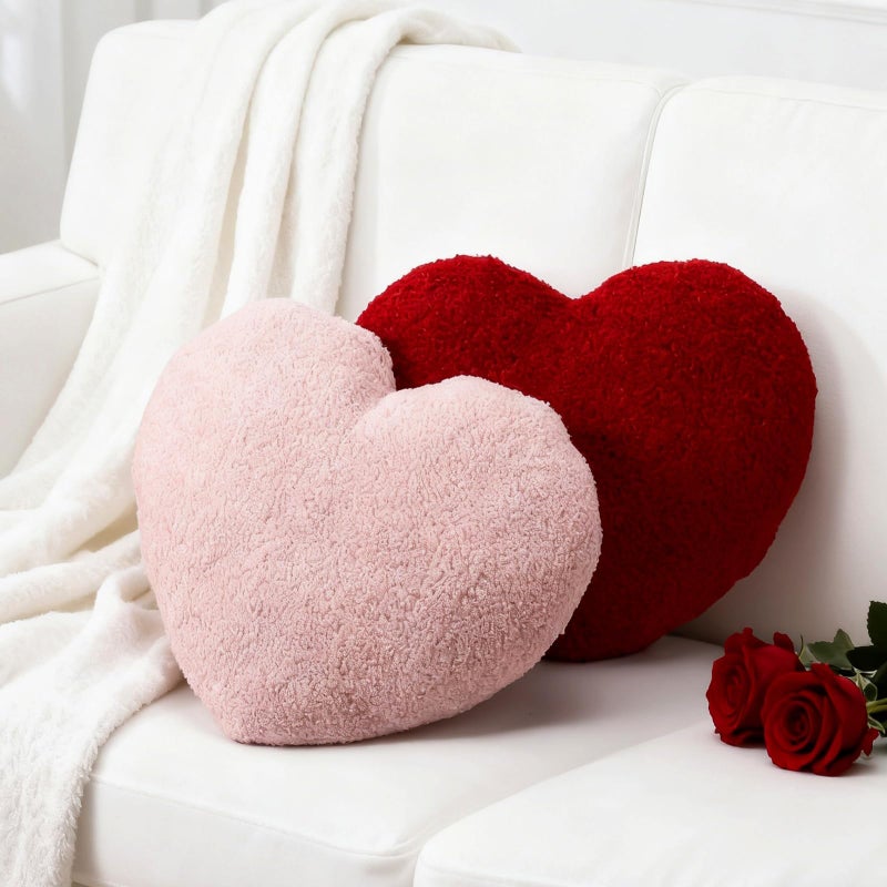 Kathfly 2 Pcs Valentine's Day Heart Pillows 17 Inch Red and Pink Heart Shaped Gifts Large Hooked Wool Throw Pillow for Couples Wedding Couch Bed Sofa Home Living Bedroom Indoor - Image 1