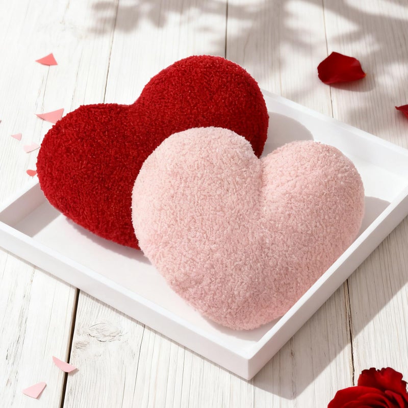 Kathfly 2 Pcs Valentine's Day Heart Pillows 17 Inch Red and Pink Heart Shaped Gifts Large Hooked Wool Throw Pillow for Couples Wedding Couch Bed Sofa Home Living Bedroom Indoor - Image 3