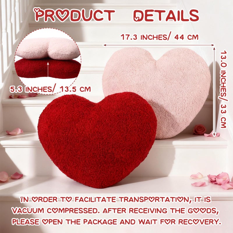 Kathfly 2 Pcs Valentine's Day Heart Pillows 17 Inch Red and Pink Heart Shaped Gifts Large Hooked Wool Throw Pillow for Couples Wedding Couch Bed Sofa Home Living Bedroom Indoor - Image 2
