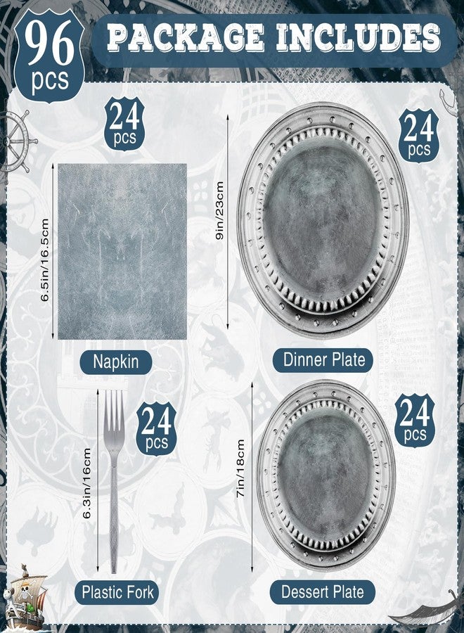 Jingmore 96 Pcs Medieval Pirate Party Supplies - Disposable Paper Pewter-style Tableware Set for Castle Knight Birthday Party Decor, Includes Plates, Napkins, and Forks - Image 2