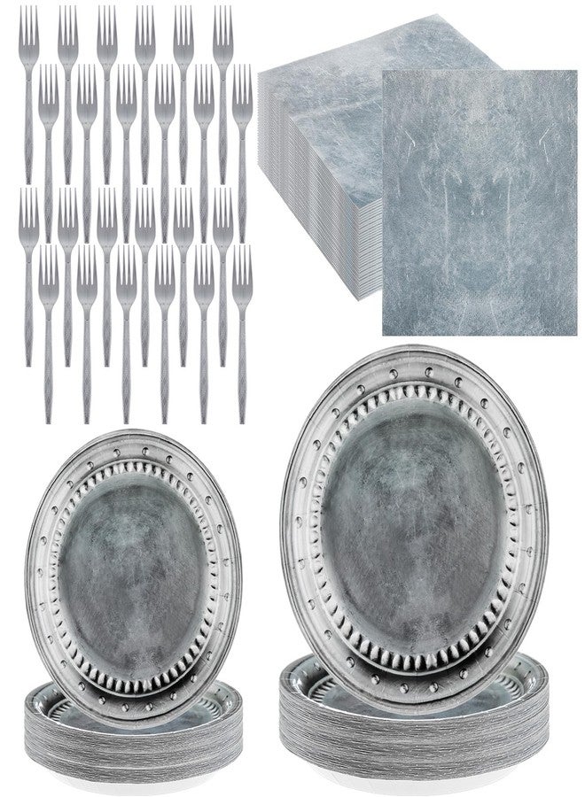 Jingmore 96 Pcs Medieval Pirate Party Supplies - Disposable Paper Pewter-style Tableware Set for Castle Knight Birthday Party Decor, Includes Plates, Napkins, and Forks - Image 1