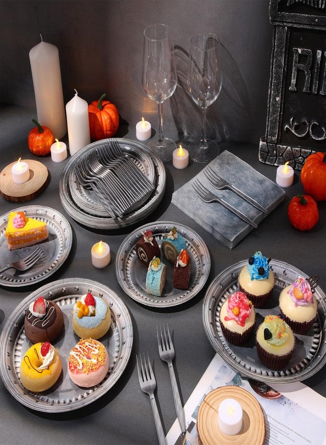 Jingmore 96 Pcs Medieval Pirate Party Supplies - Disposable Paper Pewter-style Tableware Set for Castle Knight Birthday Party Decor, Includes Plates, Napkins, and Forks - Image 5