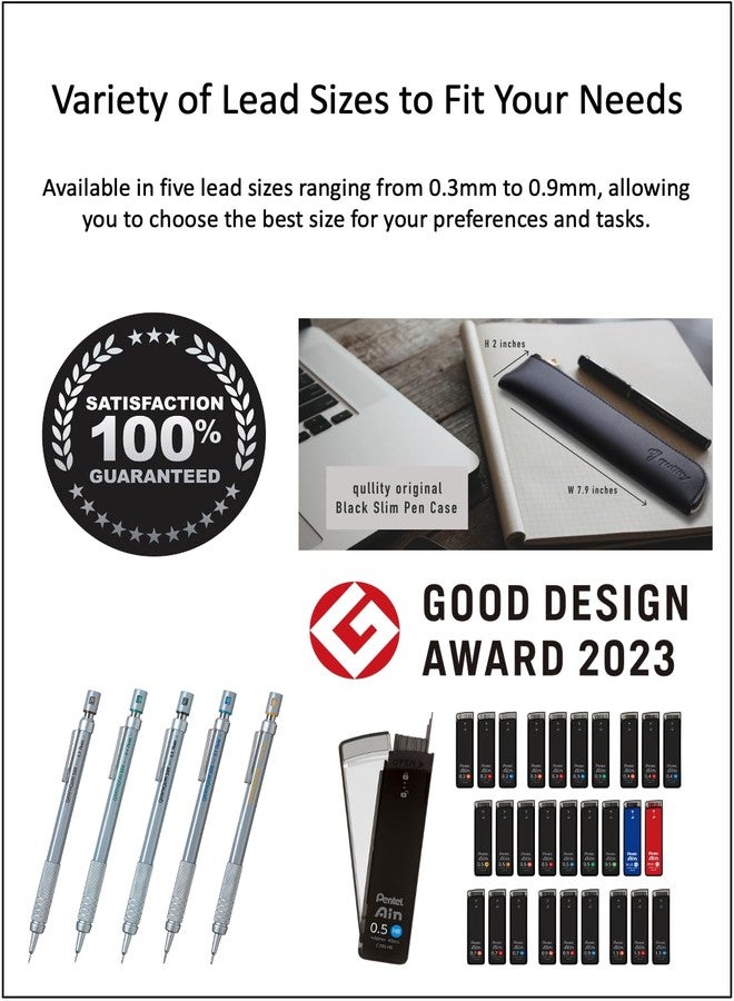 QULLITY Graph Gear 500 Mechanical Drafting Pencil + Ain HB/B/2B leads, original Black slim pen case (5 sizes) - Image 5