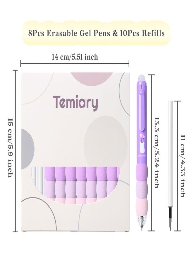Temiary 18Pcs Aesthetic Retractable Erasable Gel Pens, Make Mistakes Disappear, 8 Pens & 10 Refills, Cartoon Smooth Writing Pen, 0.5 mm Black & Blue Ink Pen, Office School Supplies. (Purple Theme - Image 2