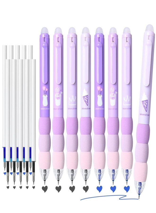 Temiary 18Pcs Aesthetic Retractable Erasable Gel Pens, Make Mistakes Disappear, 8 Pens & 10 Refills, Cartoon Smooth Writing Pen, 0.5 mm Black & Blue Ink Pen, Office School Supplies. (Purple Theme - Image 1