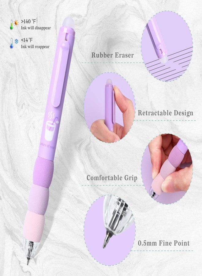 Temiary 18Pcs Aesthetic Retractable Erasable Gel Pens, Make Mistakes Disappear, 8 Pens & 10 Refills, Cartoon Smooth Writing Pen, 0.5 mm Black & Blue Ink Pen, Office School Supplies. (Purple Theme - Image 3