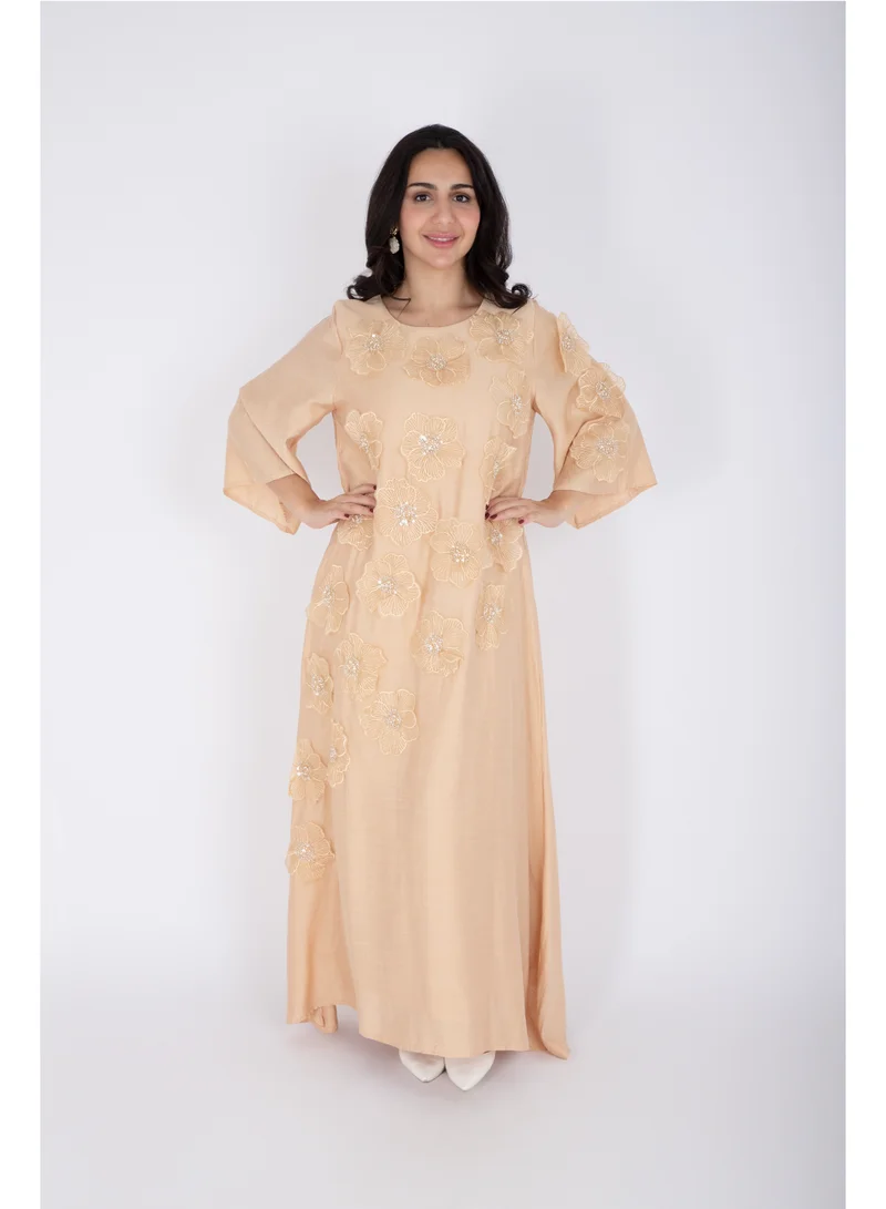 IKKXA Applique Flowers Crystal Details Jalabiya IK6009 Brown