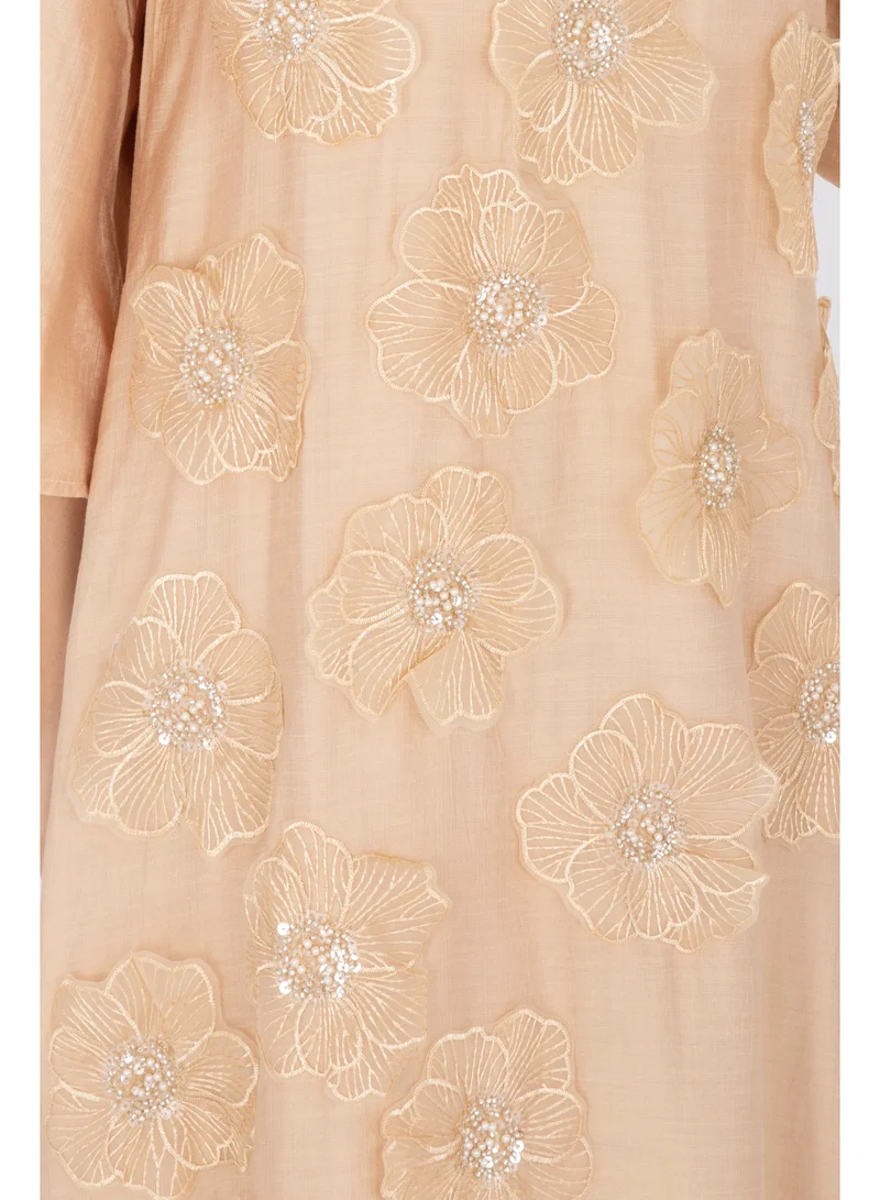 IKKXA Applique Flowers Crystal Details Jalabiya IK6009 Brown