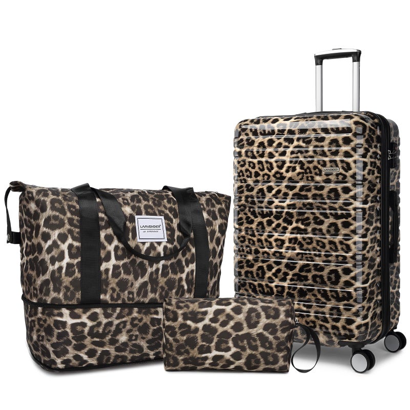LARVENDER Luggage Sets 3 Piece, Hardside 20 IN Carry on Luggage Airline Approved PC+ABS Suitcase Set with Spinner Wheels TSA Lock, Lightweight Rolling Suitcase for Men and Women, Cheetah Print - Image 1