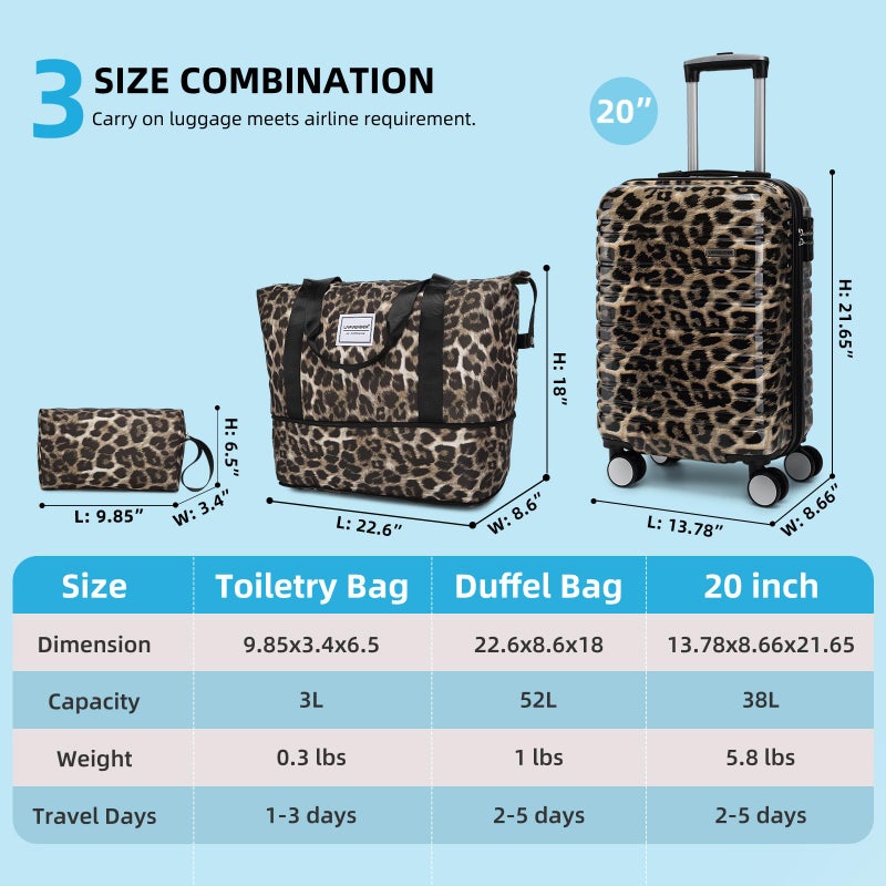 LARVENDER Luggage Sets 3 Piece, Hardside 20 IN Carry on Luggage Airline Approved PC+ABS Suitcase Set with Spinner Wheels TSA Lock, Lightweight Rolling Suitcase for Men and Women, Cheetah Print - Image 5