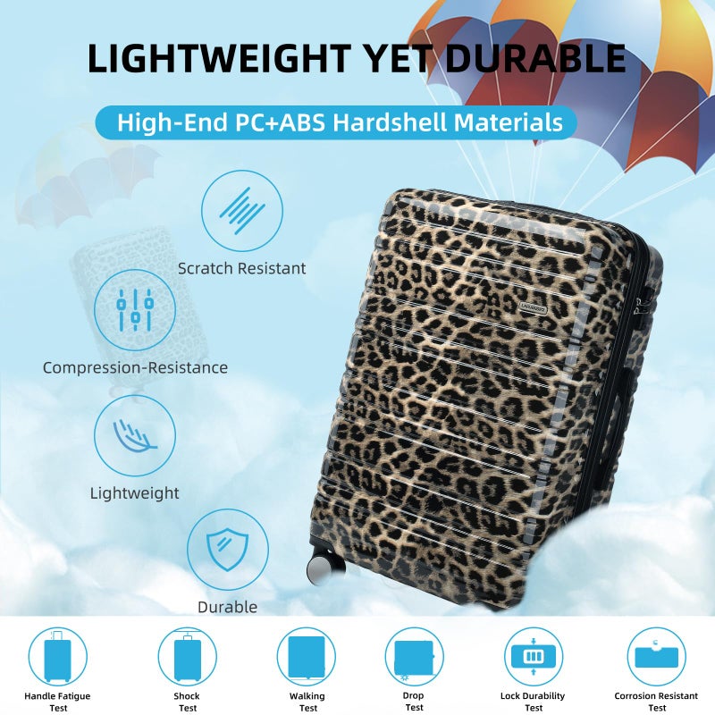 LARVENDER Luggage Sets 3 Piece, Hardside 20 IN Carry on Luggage Airline Approved PC+ABS Suitcase Set with Spinner Wheels TSA Lock, Lightweight Rolling Suitcase for Men and Women, Cheetah Print - Image 2