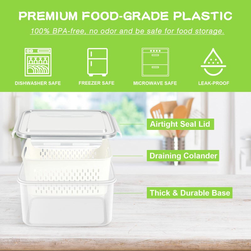 TBMax Fruit Storage Containers for Fridge Organizers and Storage, 4 Pack Large Produce Saver with Airtight Lid & Colander for Berry Lettuce Salad Vegetable Storage, Refrigerator Organizers - Image 4