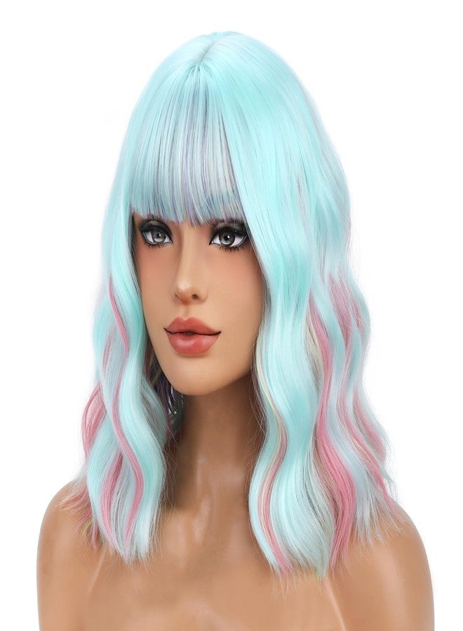 BERON 14 Inches Rainbow Wig Costume Wig with Bangs Colorful Short Wave Wigs Neon Wigs with Hairnet - Image 2