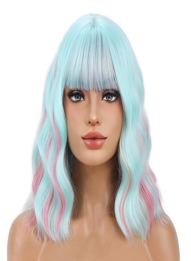 BERON 14 Inches Rainbow Wig Costume Wig with Bangs Colorful Short Wave Wigs Neon Wigs with Hairnet - Image 1