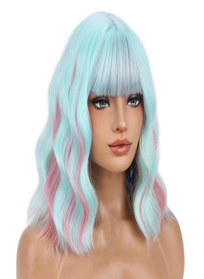 BERON 14 Inches Rainbow Wig Costume Wig with Bangs Colorful Short Wave Wigs Neon Wigs with Hairnet - Image 3