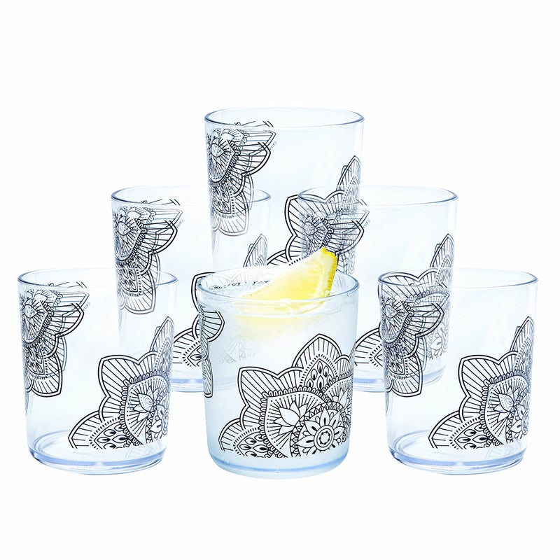 bzyoo BPAFree Designed Dishwasher Safe 14 oz Plastic Tumbler Set which is Durable and Stackable Great For Parties Anniversaries 6 PCS Mandala Black