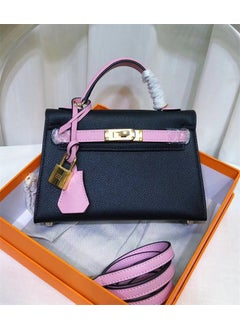 2024 Summer New Kelly Palm Print Color-Block Leather Shoulder Bag 19cm black powder