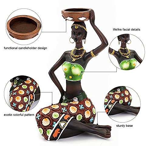 Rayberro 2 Pack African Women Sculpture,8.5in Black Tribal Lady Figure Figurine Candle Holder African American Women Statue Collectible Art Crafts Home Centerpieces Tabletop Ornaments Decoration Candleholder - Image 4