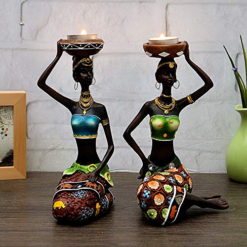 Rayberro 2 Pack African Women Sculpture,8.5in Black Tribal Lady Figure Figurine Candle Holder African American Women Statue Collectible Art Crafts Home Centerpieces Tabletop Ornaments Decoration Candleholder - Image 1