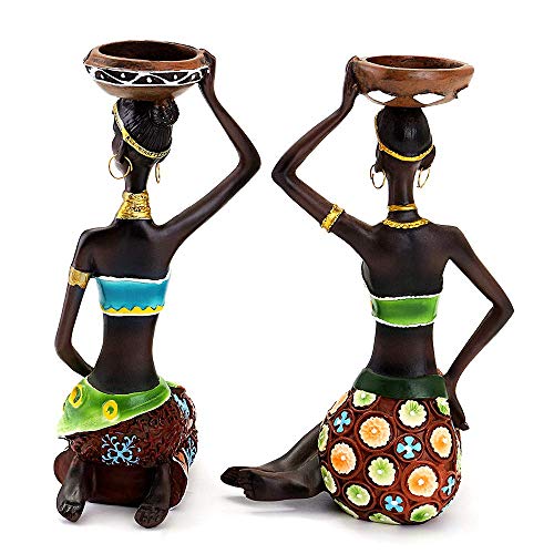 Rayberro 2 Pack African Women Sculpture,8.5in Black Tribal Lady Figure Figurine Candle Holder African American Women Statue Collectible Art Crafts Home Centerpieces Tabletop Ornaments Decoration Candleholder - Image 5