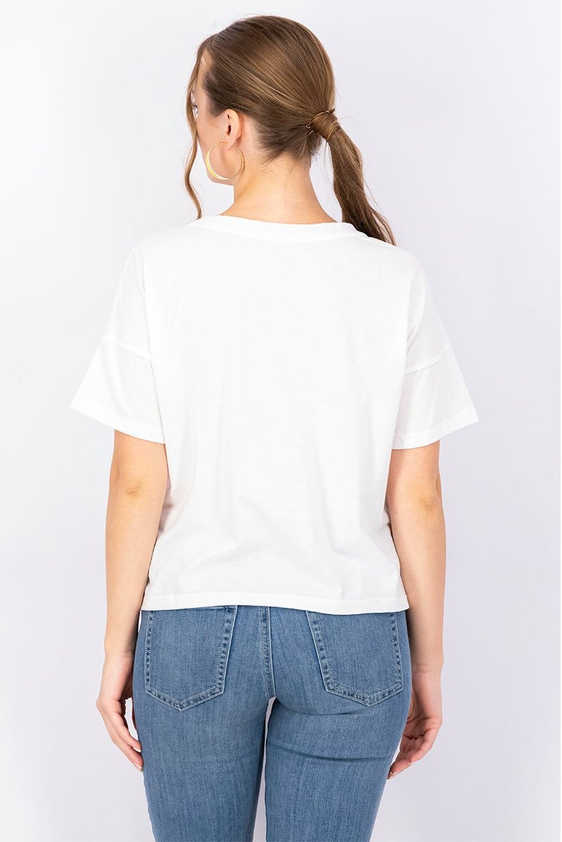 Rae Dunn Women Round Neck Short Sleeves Chest Pocket T-shirt, White - Image 3