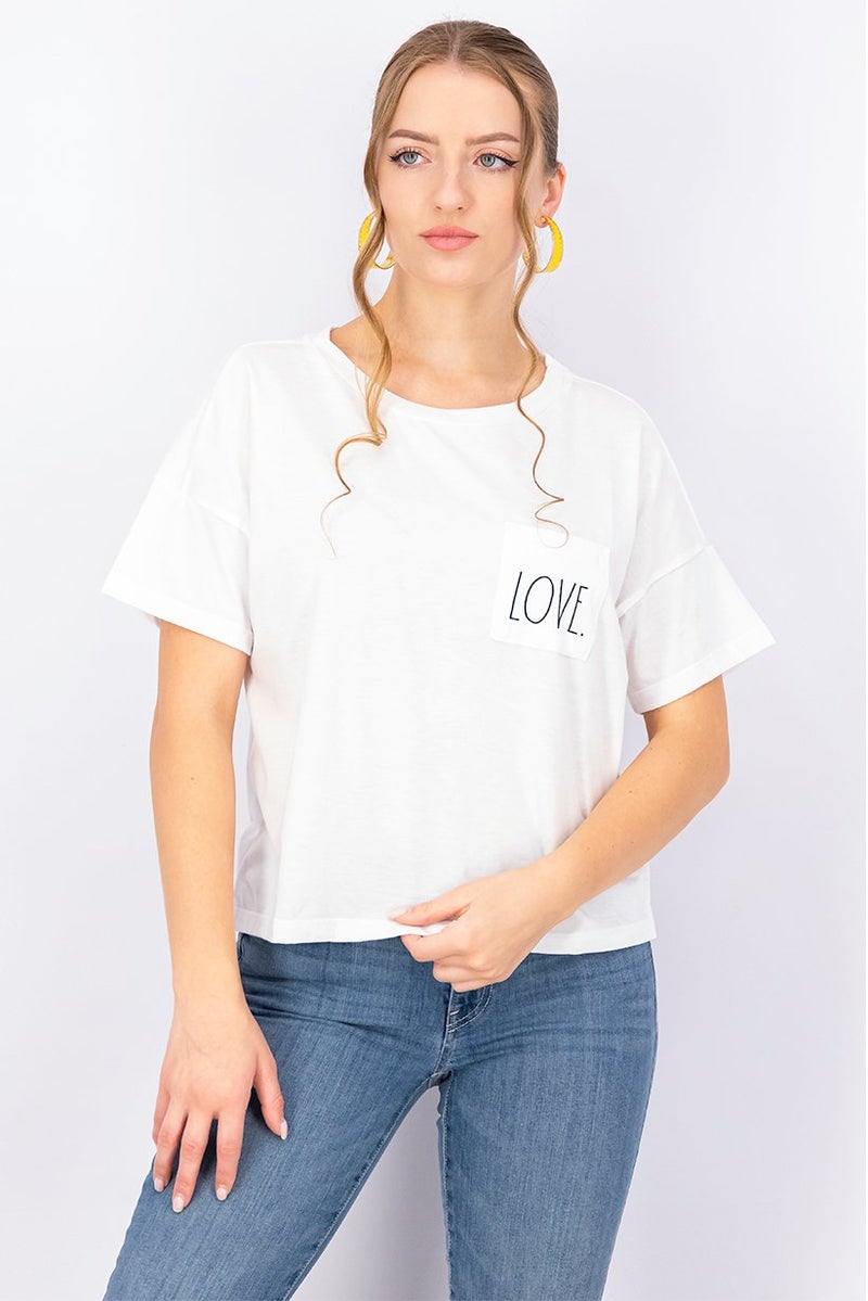 Rae Dunn Women Round Neck Short Sleeves Chest Pocket T-shirt, White - Image 1