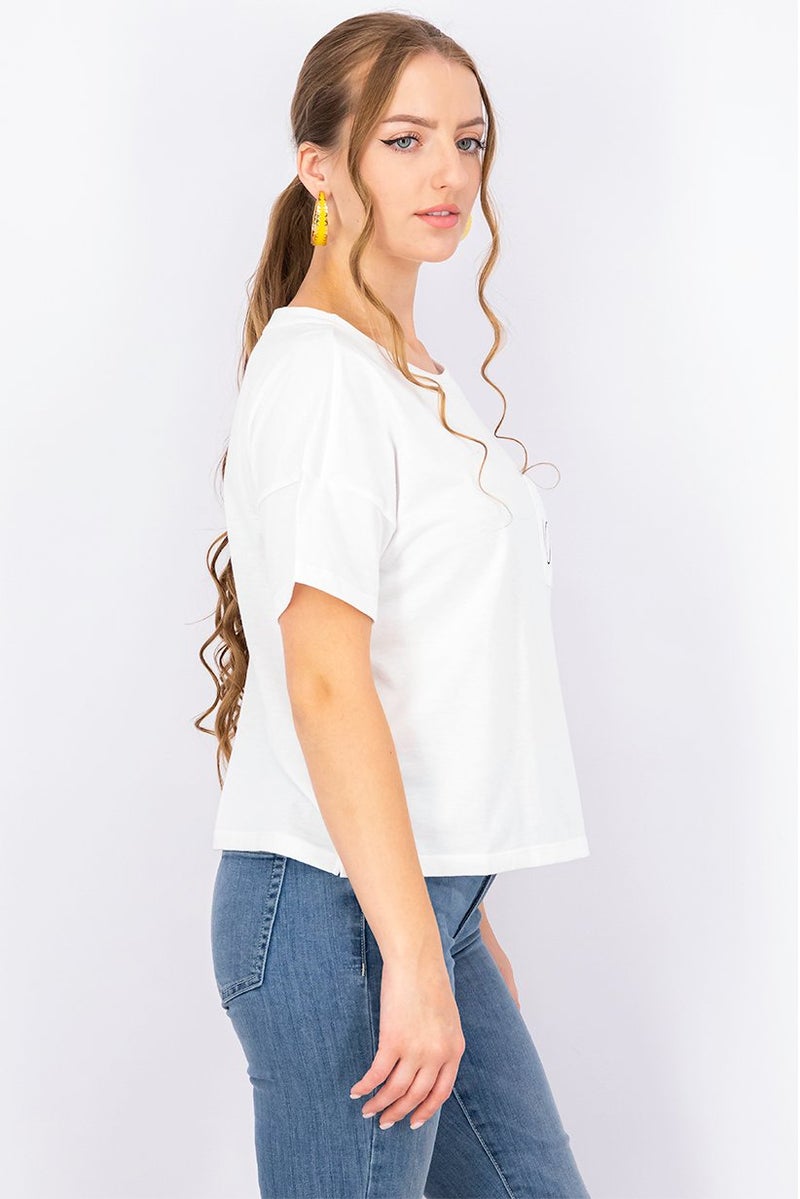 Rae Dunn Women Round Neck Short Sleeves Chest Pocket T-shirt, White - Image 2