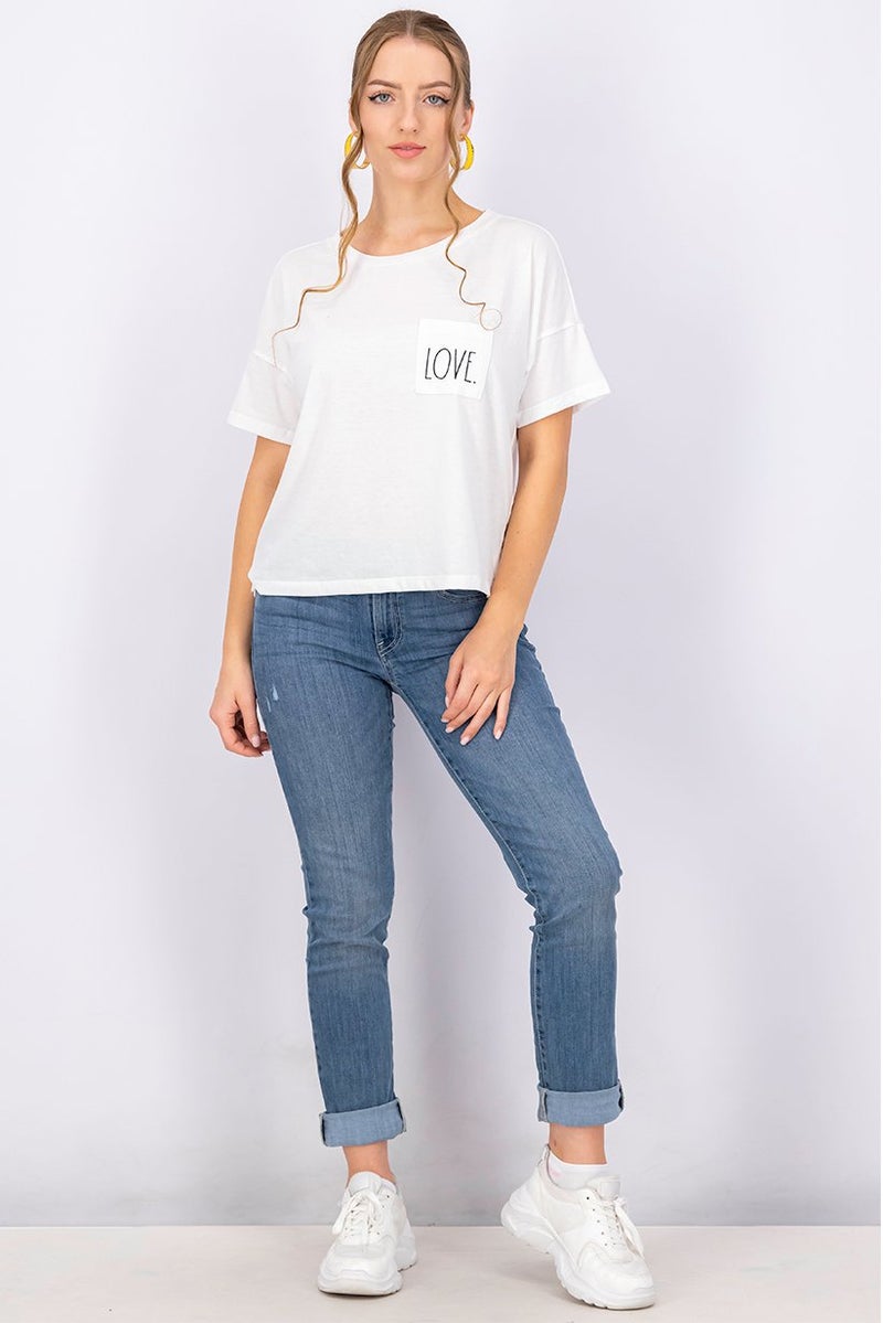 Rae Dunn Women Round Neck Short Sleeves Chest Pocket T-shirt, White - Image 4