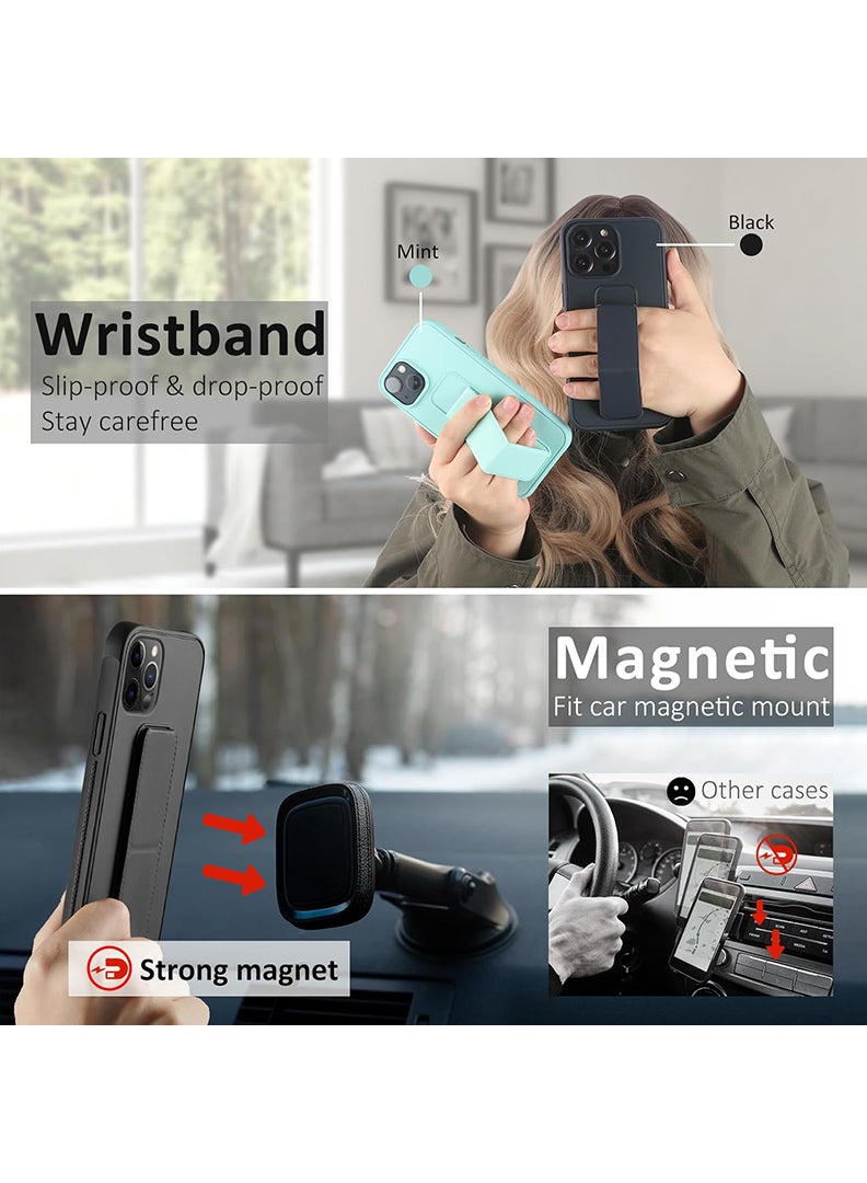 Case Up Compatible with Apple iPhone 12 Pro Max Case with Magnetic Stand & Holder, Premium Silicone Finger Grip Strap Holder Case Car Mount Kickstand Cover- Black - Image 3