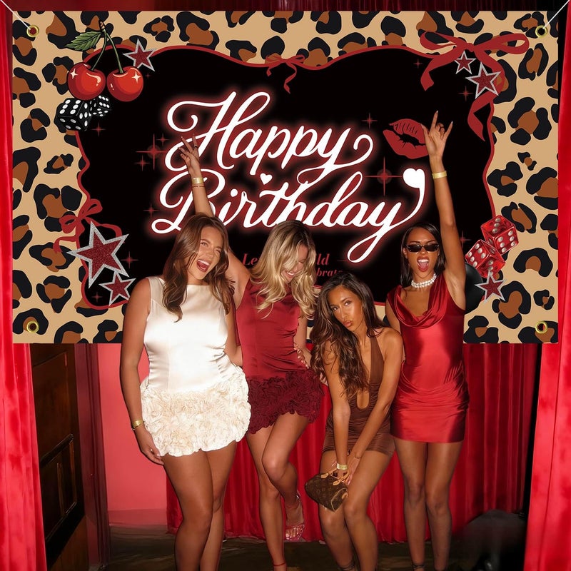 Heboland Red Cheetah Print Backdrop Birthday Party Decorations, Y2K Cherry Leopard 3 x 5Ft Polyester Fabric Background Banner for Big Mama Women Girl Night - Image 1