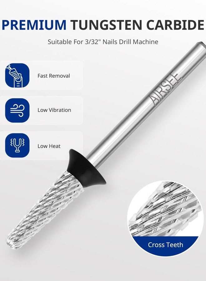 AIRSEE Tungsten Carbide Acrylic Nail Drill Bit Efile Electric File Machine Head Tip for Manicure Polishing Art Remove Gel 3/32" 2 Way Safety Use Ball Top Tapered Bit Cone Shape Extra Coarse-XC - Image 2