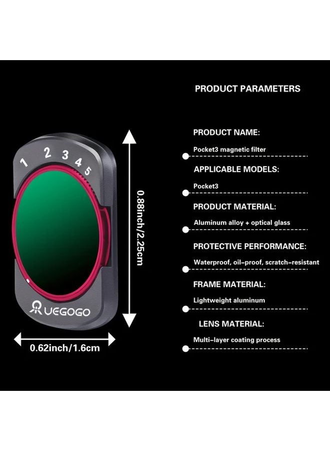 UEGOGO Magnetic Variable ND Filter ND2 32 For DJI Osmo Pocket 3 Multi Coated Optical Glass Quick Install Magnetic Design Includes Cleaning Cloth - Image 3