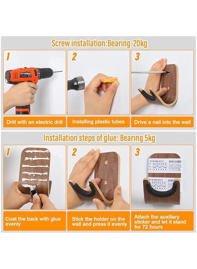 Beauenty Guitar Wall Mount Holder Guitar Hanger with Pick Slot Skateboard Rack Modern Design Guitar Hook Ukulele Stand Wooden Violin Display Stand with Tool for Storage Bass Acoustic Mandolin Banjo (1 Set)  - Image 5