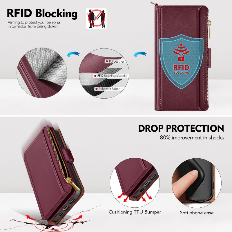 Antsturdy Compatible with iPhone 17e / 16e Wallet Case,RFID Blocking PU Leather Phone Case Women Men Kickstand flip Cover Wrist Strap Zipper Credit Card Holder Slots for Apple 17e / 16e,Wine Red - Image 4