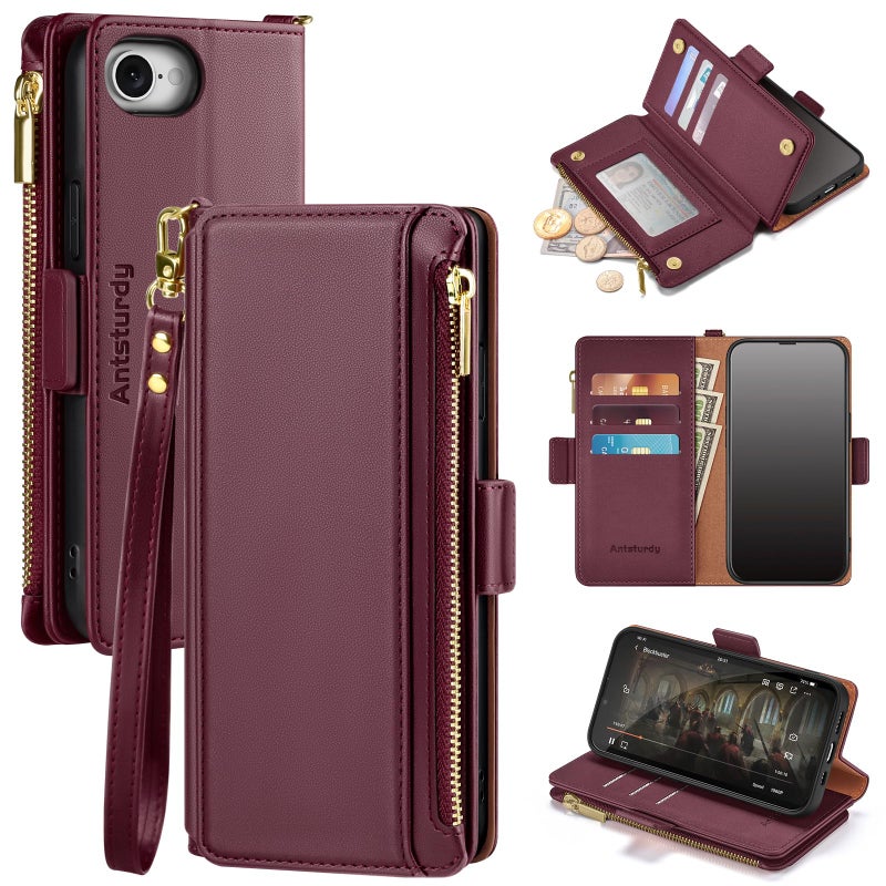Antsturdy Compatible with iPhone 17e / 16e Wallet Case,RFID Blocking PU Leather Phone Case Women Men Kickstand flip Cover Wrist Strap Zipper Credit Card Holder Slots for Apple 17e / 16e,Wine Red - Image 1