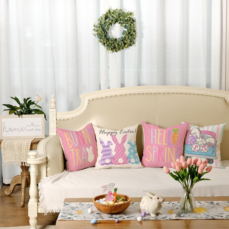 GEEORY Happy Easter Pillow Covers 18x18 Inch Set of 4, Rabbits Hello Spring Bunny Trail Striped Truck Egg Farmhouse Decorative Throw Pillowcases for Home Sofa Couch Decoration (Pink) G481-18 - Image 4