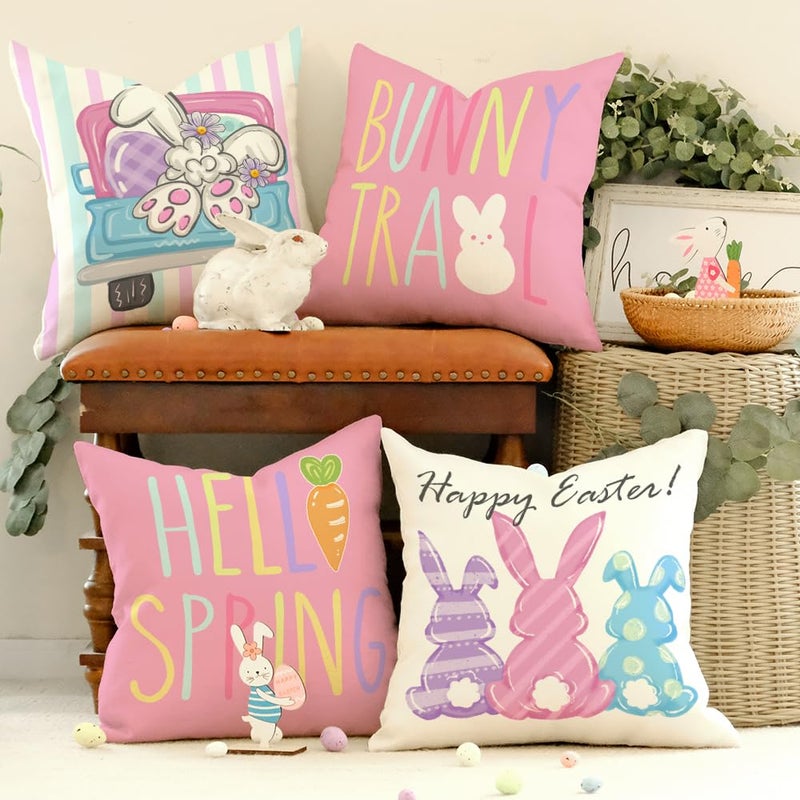 GEEORY Happy Easter Pillow Covers 18x18 Inch Set of 4, Rabbits Hello Spring Bunny Trail Striped Truck Egg Farmhouse Decorative Throw Pillowcases for Home Sofa Couch Decoration (Pink) G481-18 - Image 3
