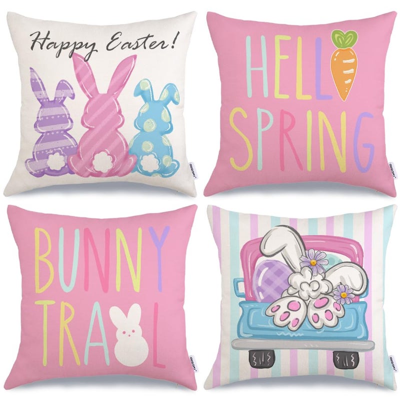 GEEORY Happy Easter Pillow Covers 18x18 Inch Set of 4, Rabbits Hello Spring Bunny Trail Striped Truck Egg Farmhouse Decorative Throw Pillowcases for Home Sofa Couch Decoration (Pink) G481-18 - Image 1