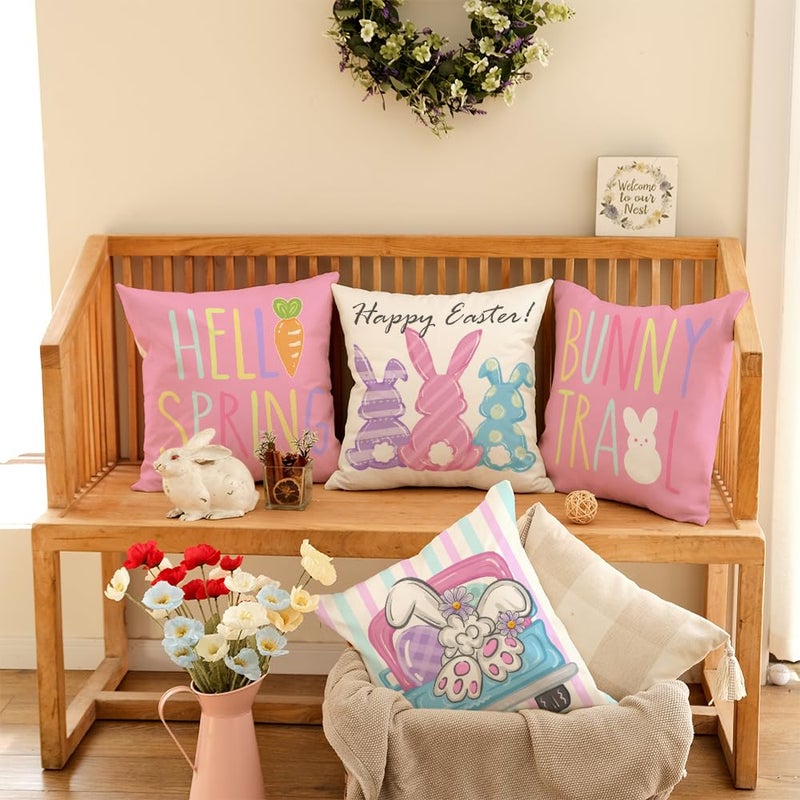 GEEORY Happy Easter Pillow Covers 18x18 Inch Set of 4, Rabbits Hello Spring Bunny Trail Striped Truck Egg Farmhouse Decorative Throw Pillowcases for Home Sofa Couch Decoration (Pink) G481-18 - Image 2